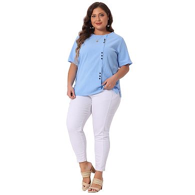 Plus Size Top for Women Short Sleeve Round Neck Cotton Linen Blouses Top T Shirt