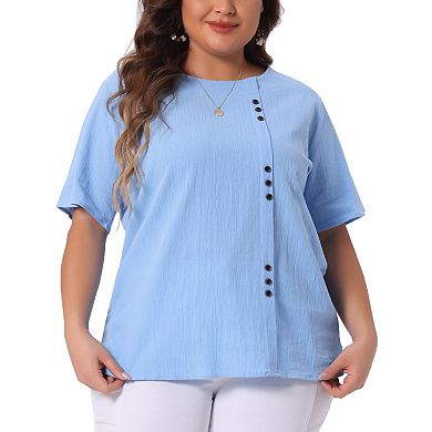 Plus Size Top for Women Short Sleeve Round Neck Cotton Linen Blouses Top T Shirt