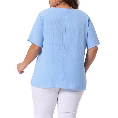 Plus Size Top for Women Short Sleeve Round Neck Cotton Linen Blouses Top T Shirt