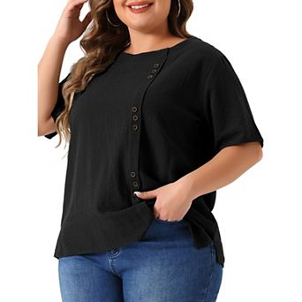 Plus Size Top for Women Short Sleeve Round Neck Cotton Linen Blouses Top T Shirt