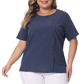 Plus Size Top for Women Short Sleeve Round Neck Cotton Linen Blouses Top T Shirt