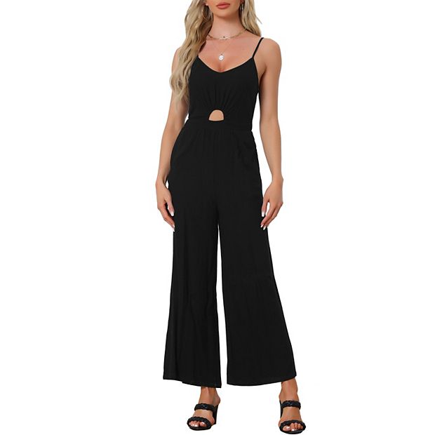 Allegra K Casual Spaghetti Strap Cut Out Wide Leg Jumpsuit Black S
