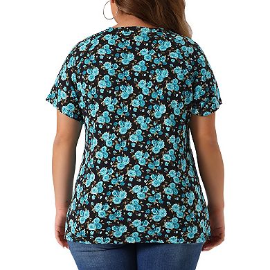 Plus Size Tops For Women Floral Printed Short Sleeve Round Neck Loose Casual Basic Tee Shirt