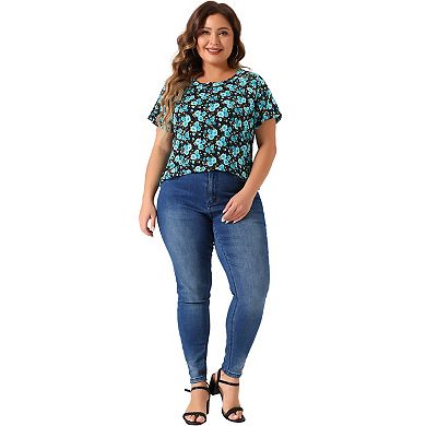 Plus Size Tops For Women Floral Printed Short Sleeve Round Neck Loose Casual Basic Tee Shirt