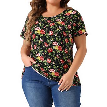 Plus Size Tops For Women Floral Printed Short Sleeve Round Neck Loose Casual Basic Tee Shirt