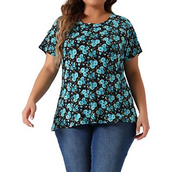 Plus Size Tops For Women Floral Printed Short Sleeve Round Neck Loose Casual Basic Tee Shirt