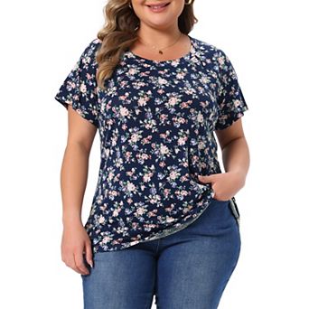 Plus Size Tops for Women Floral Printed Short Sleeve Round Neck Loose Casual Basic Tee Shirt