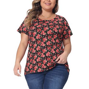 Plus Size Tops For Women Floral Printed Short Sleeve Round Neck Loose Casual Basic Tee Shirt
