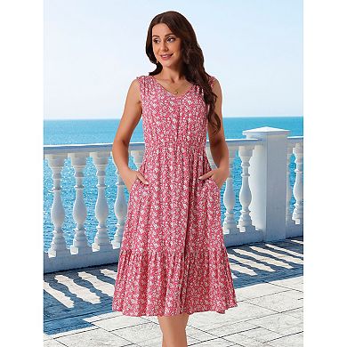 Women's Summer Boho Beach Dresses V Neck Sleeveless Floral Flowy Tiered Midi Sundress with Pockets