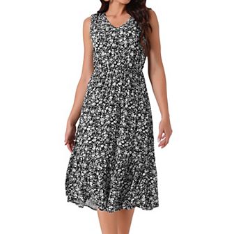 Women's Summer Boho Beach Dresses V Neck Sleeveless Floral Flowy Tiered Midi Sundress With Pockets