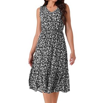 Women's Summer Boho Beach Dresses V Neck Sleeveless Floral Flowy Tiered Midi Sundress With Pockets