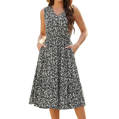 Women's Summer Boho Beach Dresses V Neck Sleeveless Floral Flowy Tiered  Midi Sundress with Pockets