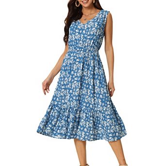 Women's Summer Boho Beach Dresses V Neck Sleeveless Floral Flowy Tiered Midi Sundress With Pockets