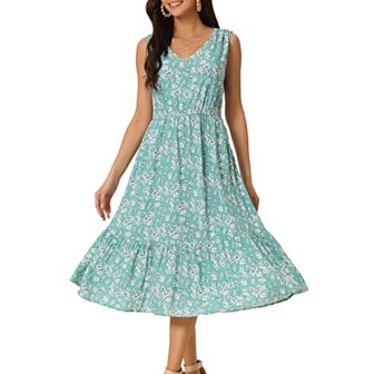Women's Summer Boho Beach Dresses V Neck Sleeveless Floral Flowy Tiered Midi Sundress With Pockets