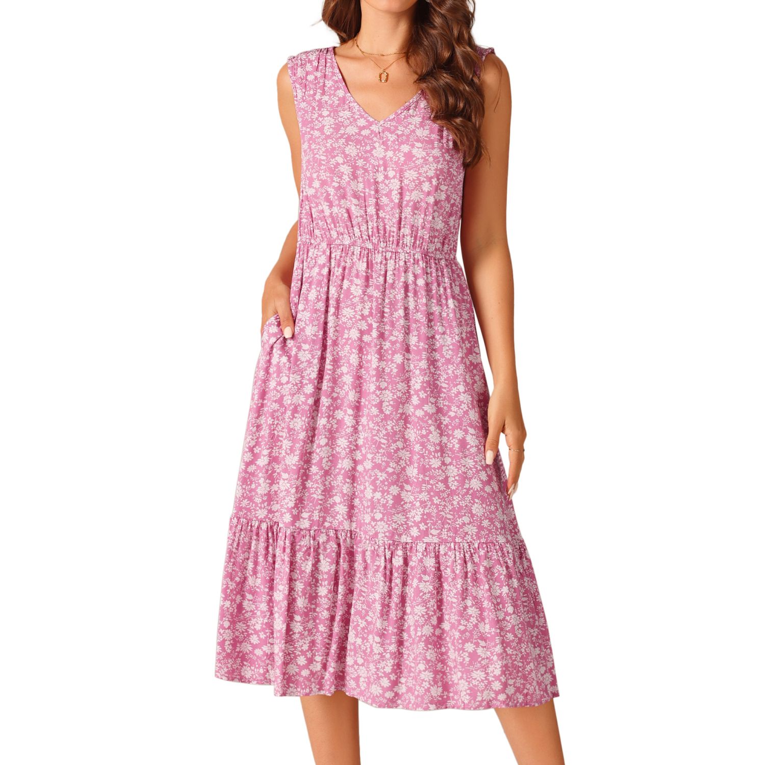 Women's Summer Boho Beach Dresses V Neck Sleeveless Floral Flowy Tiered  Midi Sundress With Pockets