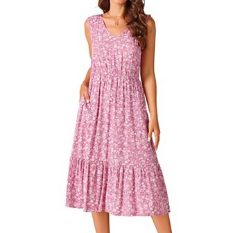 Women's Summer Boho Beach Dresses V Neck Sleeveless Floral Flowy Tiered Midi Sundress With Pockets