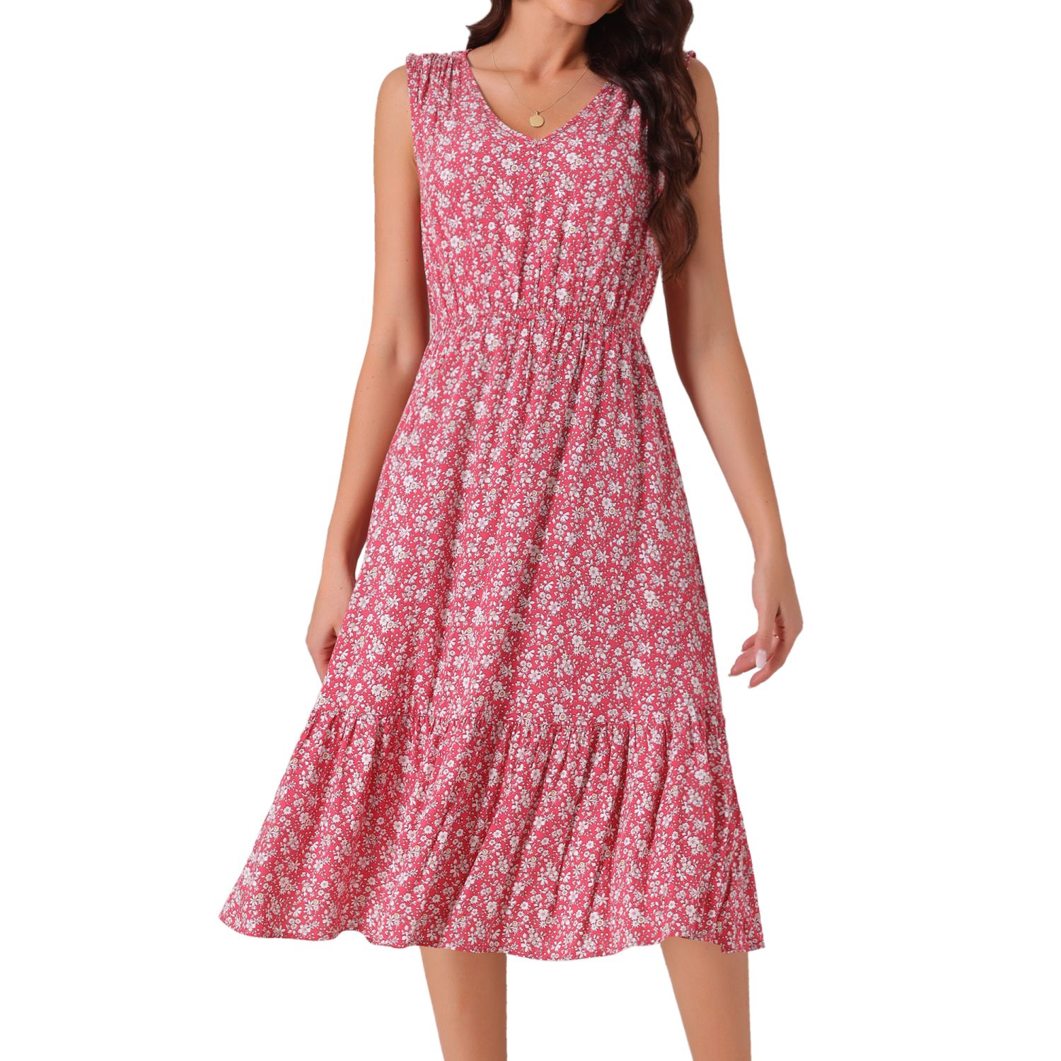 Женские платья Summer Boho Beach Dresses V Neck Sleeveless Floral Flowy Tiered Midi Sundress with Pockets