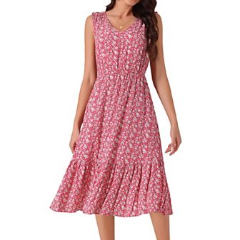 Women's Summer Boho Beach Dresses V Neck Sleeveless Floral Flowy Tiered Midi Sundress with Pockets