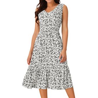 Women's Summer Boho Beach Dresses V Neck Sleeveless Floral Flowy Tiered Midi Sundress With Pockets