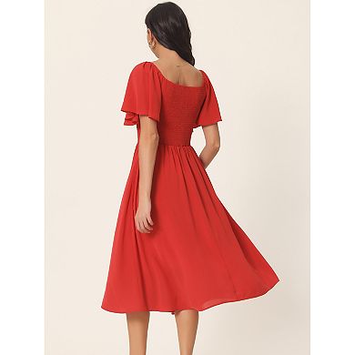 Women's Ruffle Short Sleeve Dress With Pockets Square Neck Smocked Elastic Waist Casual Midi Dresses