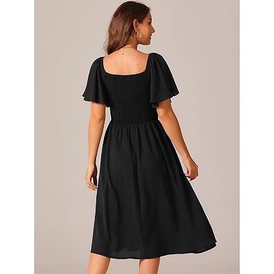 Women's Ruffle Short Sleeve Dress with Pockets Square Neck Smocked Elastic Waist Casual Midi Dresses