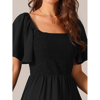 Women's Ruffle Short Sleeve Dress with Pockets Square Neck Smocked Elastic Waist Casual Midi Dresses