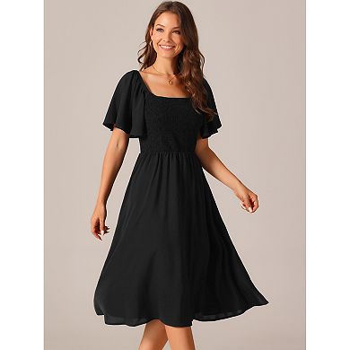 Women's Ruffle Short Sleeve Dress with Pockets Square Neck Smocked Elastic Waist Casual Midi Dresses
