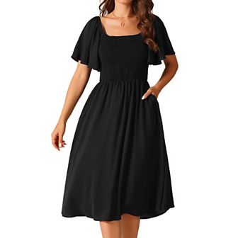 Women's Ruffle Short Sleeve Dress with Pockets Square Neck Smocked Elastic Waist Casual Midi Dresses