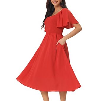 Women's Ruffle Short Sleeve Dress with Pockets Square Neck Smocked Elastic Waist Casual Midi Dresses