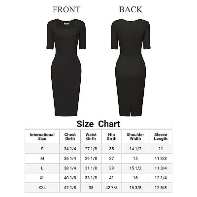 Women's Sheath Dress Square Neck Zip Up Short Sleeve Work Pencil