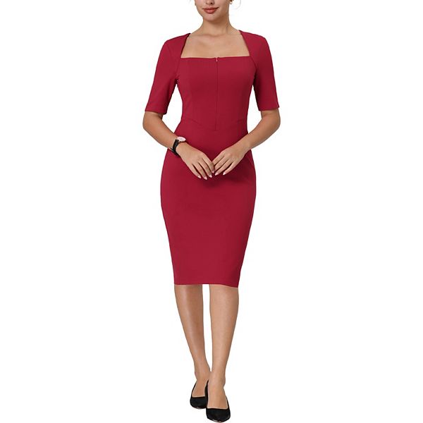 Women's Sheath Dress Square Neck Zip Up Short Sleeve Work Pencil Dresses