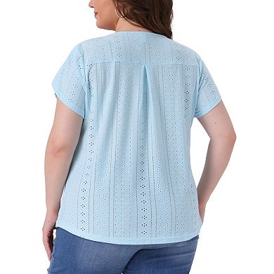 Plus Size Tops for Women Crochet Cut Out Keyhole Round Neck Short Sleeve Blouse Tops