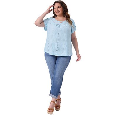 Plus Size Tops for Women Crochet Cut Out Keyhole Round Neck Short Sleeve Blouse Tops