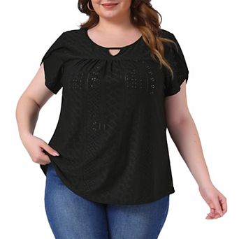 Plus Size Tops For Women Crochet Cut Out Keyhole Round Neck Short Sleeve Blouse Tops