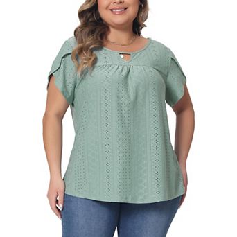 Plus Size Tops For Women Crochet Cut Out Keyhole Round Neck Short Sleeve Blouse Tops