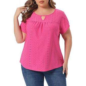 Plus Size Tops for Women Crochet Cut Out Keyhole Round Neck Short Sleeve Blouse Tops