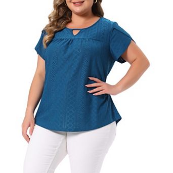 Plus Size Tops for Women Crochet Cut Out Keyhole Round Neck Short Sleeve Blouse Tops