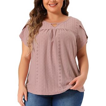 Plus Size Tops For Women Crochet Cut Out Keyhole Round Neck Short Sleeve Blouse Tops
