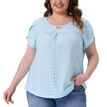 Plus Size Tops for Women Crochet Cut Out Keyhole Round Neck Short Sleeve Blouse Tops