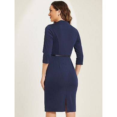 Work Office Dress For Women's 3/4 Sleeve Belted Sweetheart Neck Sheath Dress