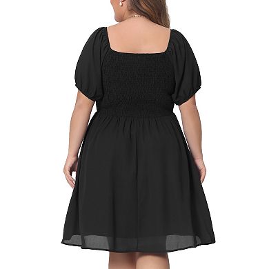 Plus Size Dress For Women Smocked Square Neck Short Sleeve Stretchy Midi Dress