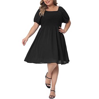 Plus Size Dress For Women Smocked Square Neck Short Sleeve Stretchy Midi Dress