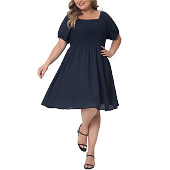 Plus Size Dress For Women Smocked Square Neck Short Sleeve Stretchy Midi Dress