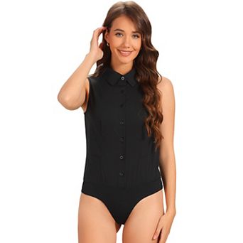 Sleeveless Collared Business Work Bodysuit Tops For Women Button Down Leotard Shirt