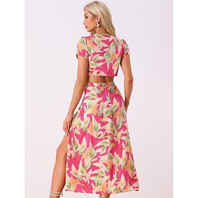 Tropical 2 Piece Outfits For Women's Wrap Crop Top And Hawaiian Ruched Front Maxi Skirt Set