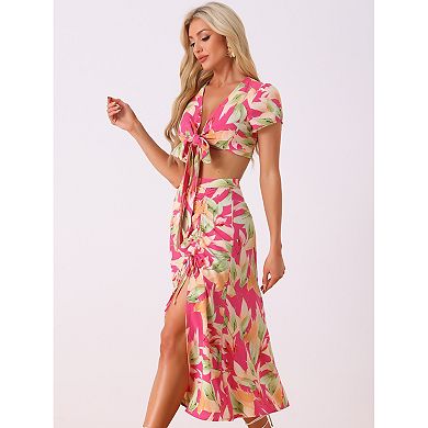 Tropical 2 Piece Outfits For Women's Wrap Crop Top And Hawaiian Ruched Front Maxi Skirt Set