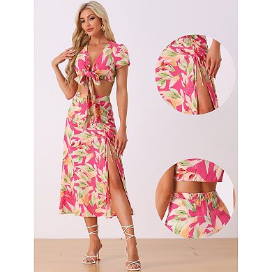 Tropical 2 Piece Outfits For Women's Wrap Crop Top And Hawaiian Ruched Front Maxi Skirt Set
