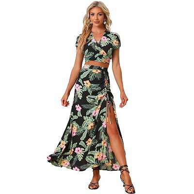 Allegra K 2pcs Tropical Hawaiian Twist Front Top and Ruched Front Maxi Skirt Set Black XL