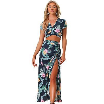 Tropical Piece Outfits For Women's Wrap Crop Top And Hawaiian