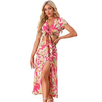 Tropical 2 Piece Outfits For Women's Wrap Crop Top And Hawaiian Ruched  Front Maxi Skirt Set